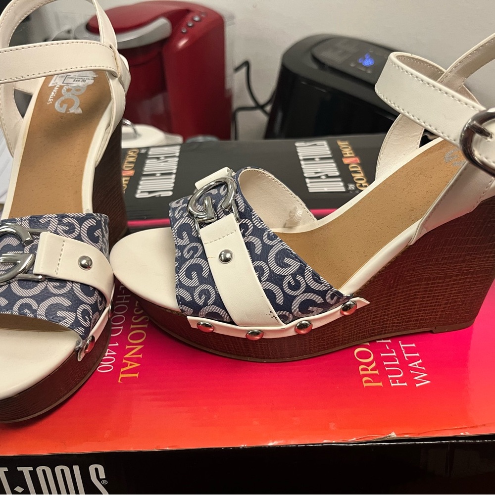 Guess White and Blue Patterned Wedge Sandals